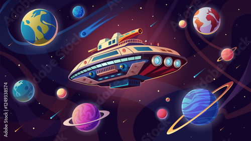 Alien spaceship flying in outer space among planets of Solar system background. Interesting story of fiction literature for children or adult, game about adventure in space cartoon vector illustration