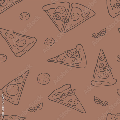 Seamless pattern with pizza image. Italian cuisine. Italian food. Pattern with pizza, basil, Paperoni, cheese and mozzarella