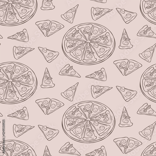 Seamless pattern with pizza image. Italian cuisine. Italian food in doodle style. Pattern in sketch style with pizza, basil, Paperoni, cheese and mozzarella