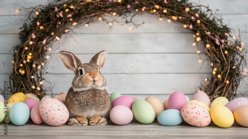 Brown Rabbit With Easter Eggs Wreath On Light Wood Surface Decoration Spring Festive Scene. photo