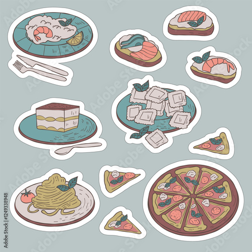 Stickers of dishes from Italian cuisine. Italian food in doodle style. Set of risotto, pizza, tiramisu, pasta, ravioli, bruschetta.