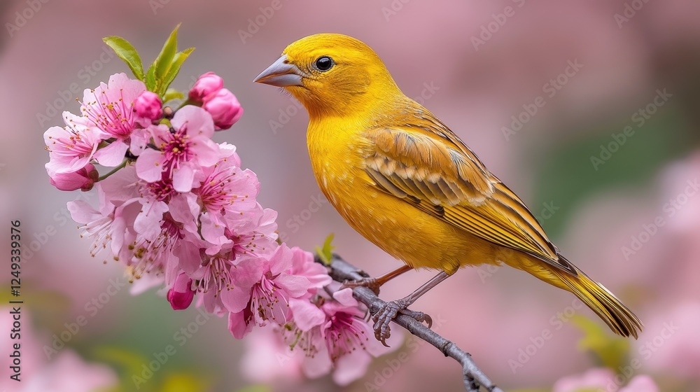 Yellow bird on pink blossom branch, spring garden Yellow bird on pink blossom branch, spring garden