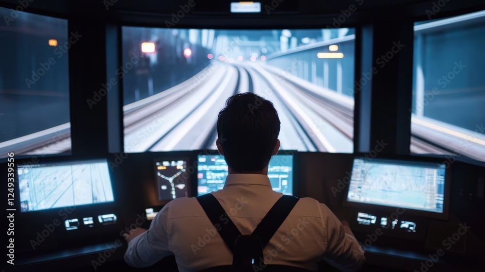 A man is sitting in front of a computer monitor with a train on the screen A man is sitting in front of a computer monitor with a train on the screen