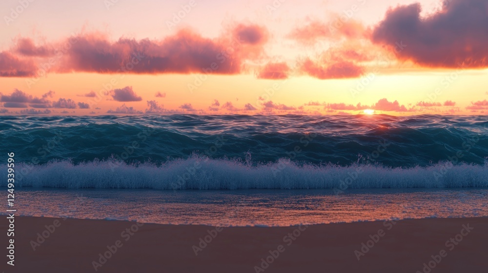 Fototapeta premium Serene sunset over the ocean with gentle waves lapping at the sandy shore