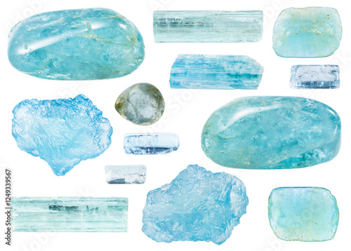 various samples of raw aquamarine mineral isolated