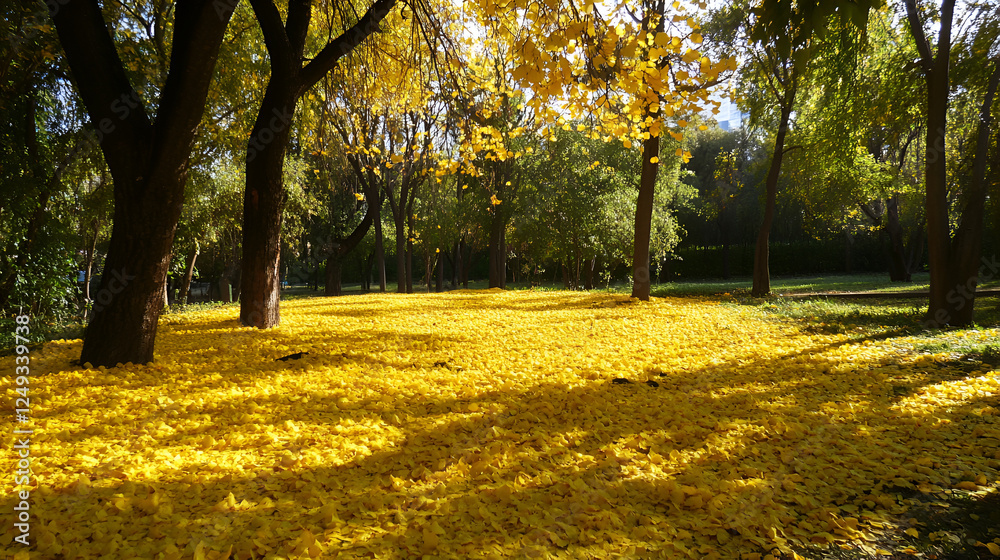 Image is a landscape photograph depicting a serene park scene , Tall trees with lush green foliage form a natural canopy overhead, casting dappled shadows on the ground Image is a landscape photograph depicting a serene park scene , Tall trees with lush green foliage form a natural canopy overhead, casting dappled shadows on the ground