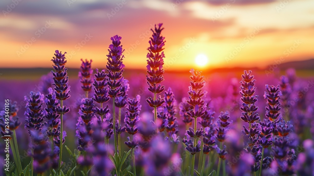 Obraz premium Lavender field sunset, vibrant purple flowers, golden hour sky, peaceful scene, perfect for greeting cards or wall art