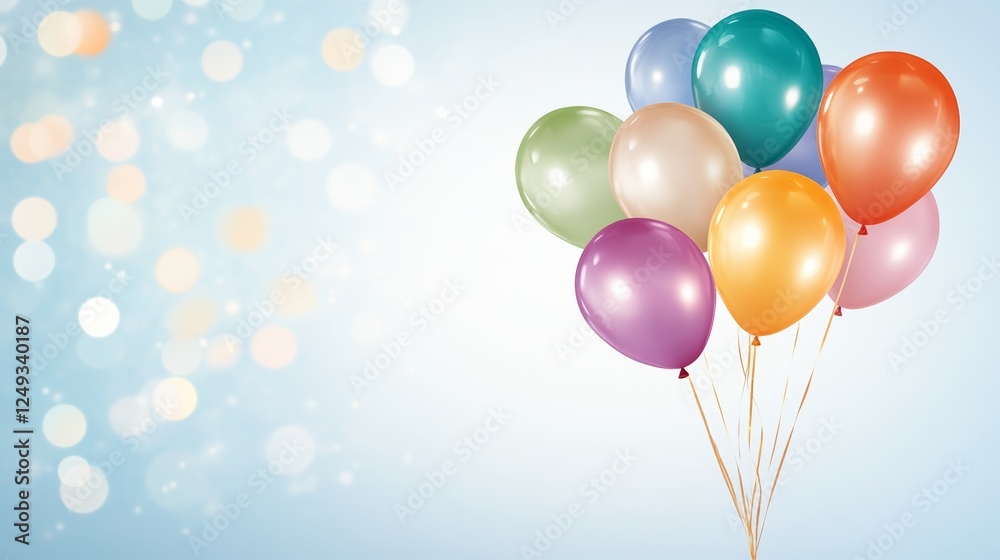 Bunch of Colorful Balloons Floating Upward Against a Soft Bokeh Light Background Party Decor. Bunch of Colorful Balloons Floating Upward Against a Soft Bokeh Light Background Party Decor.