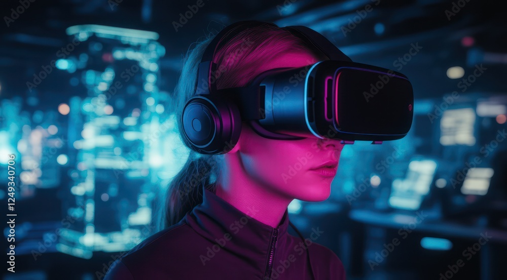 A woman experiencing virtual reality in a neon-lit setting. A woman experiencing virtual reality in a neon-lit setting.