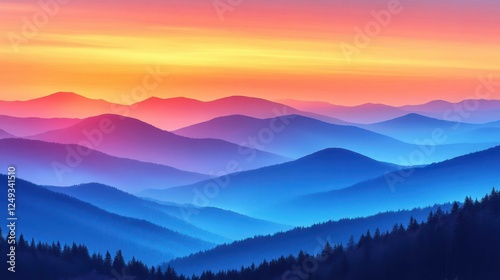 Colorful sunrise over layered mountains, forest foreground, scenic wallpaper