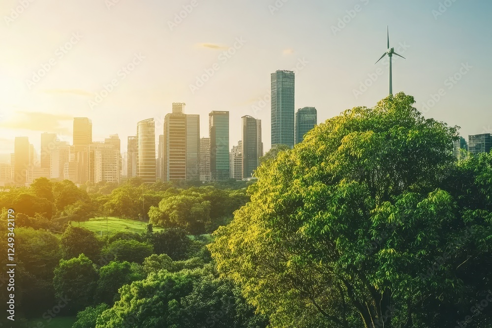 Fototapeta premium Urban Skyline with Green Trees and Wind Turbine at Sunset