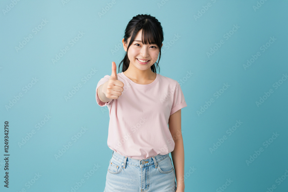 「いいね!」のポーズをする日本人女性、サムズアップ、親指、サイン 「いいね!」のポーズをする日本人女性、サムズアップ、親指、サイン