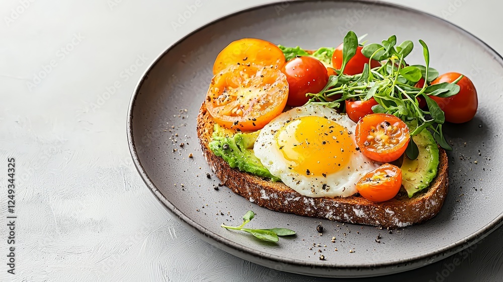 A vibrant plate featuring avocado toast topped with a sunny-side-up egg, cherry tomatoes, and fresh greens, perfect for a healthy breakfast. A vibrant plate featuring avocado toast topped with a sunny-side-up egg, cherry tomatoes, and fresh greens, perfect for a healthy breakfast.
