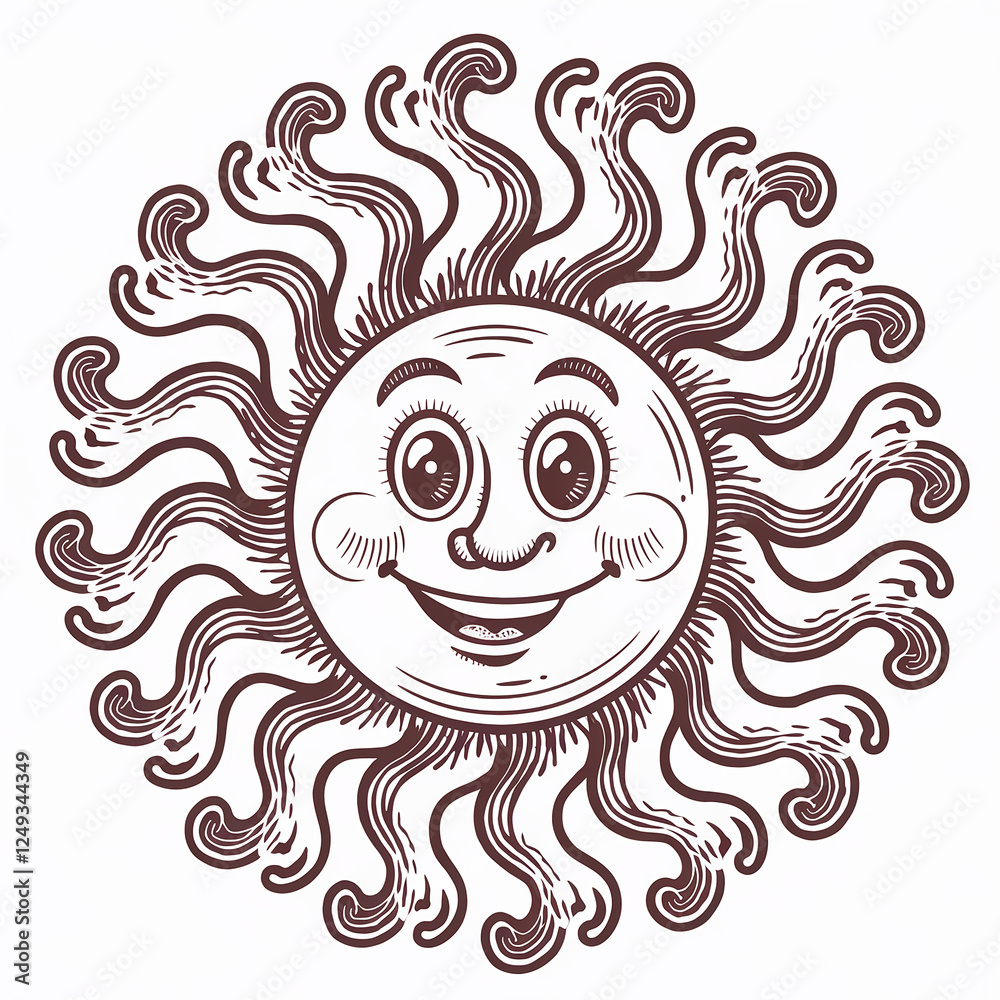 A cheerful sun with smiling face and wavy rays, symbolizing positivity, warmth, and energy. This happy sun illustration represents light, joy, and sunny days. Coloring book page A cheerful sun with smiling face and wavy rays, symbolizing positivity, warmth, and energy. This happy sun illustration represents light, joy, and sunny days. Coloring book page