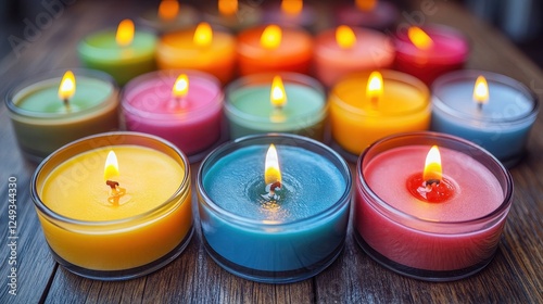 Colorful candles burning brightly on wooden table, relaxation ambiance