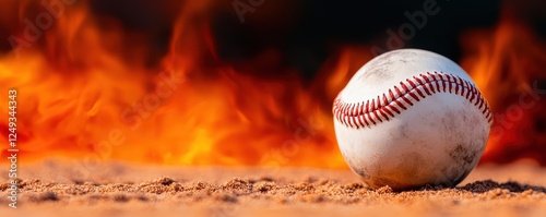 A close-up of a baseball resting on sandy ground, with flames in the background, creating a dramatic and intense atmosphere.