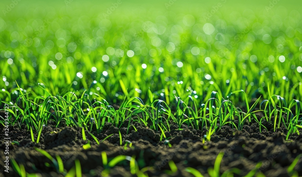 Fresh Green Grass in Morning Light with Dew Drops on Vibrant Blades Fresh Green Grass in Morning Light with Dew Drops on Vibrant Blades