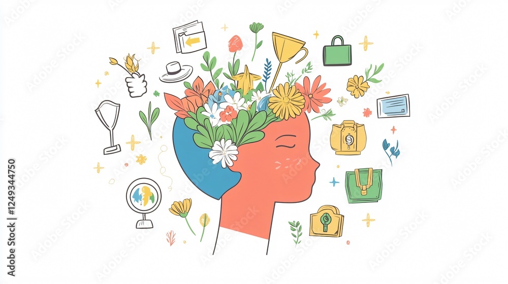 Fototapeta premium A head filled with flowers, symbolizing growth, creativity, and mindfulness.