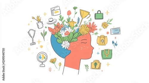 A head filled with flowers, symbolizing growth, creativity, and mindfulness.