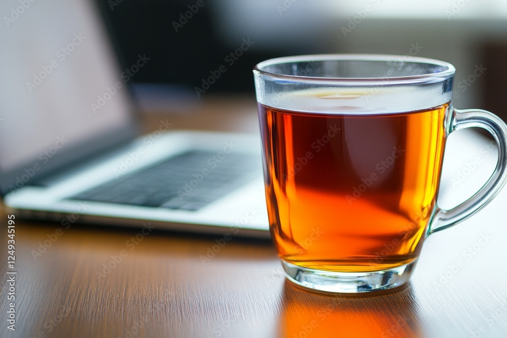 Warm Tea in Glass Mug Next to Laptop on Wooden Table Surface Warm Tea in Glass Mug Next to Laptop on Wooden Table Surface