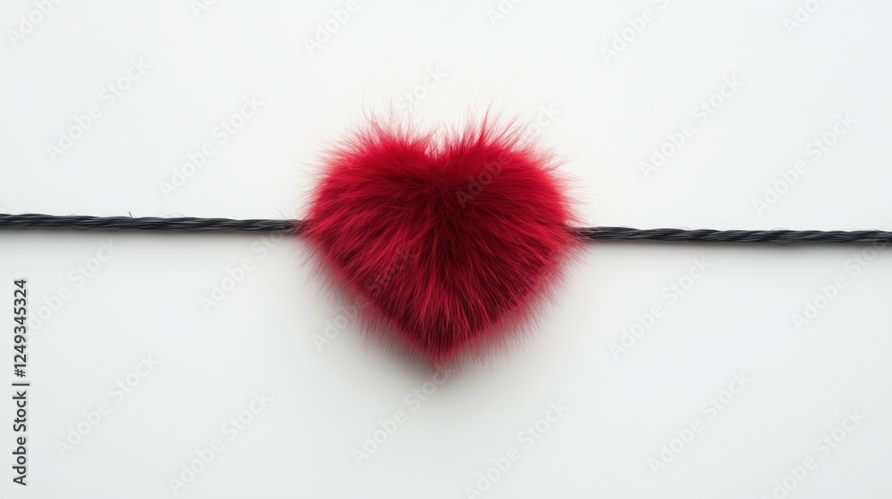 A fluffy red heart shape hanging on a black wire against a white background.