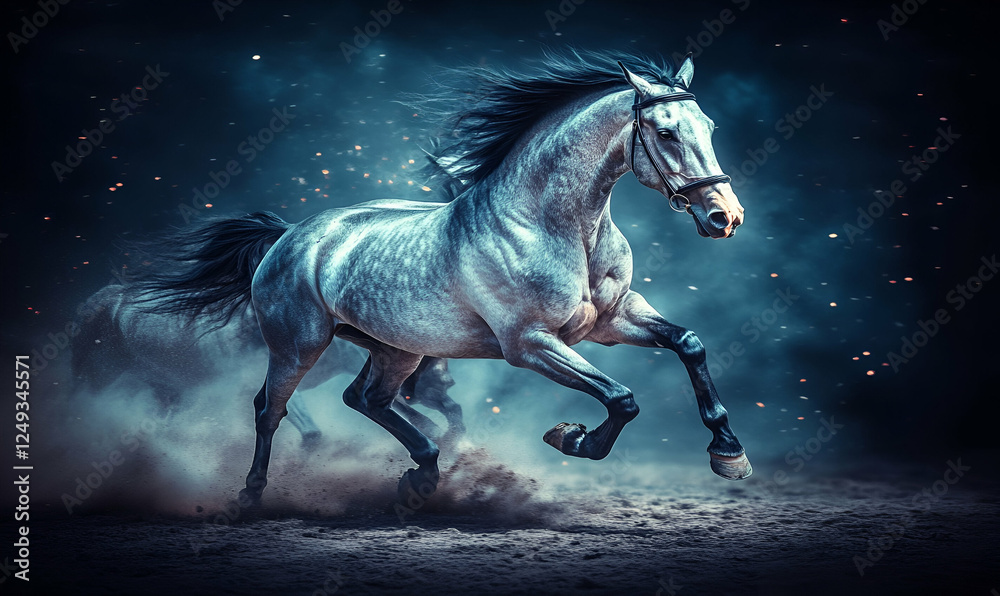Majestic grey horse in motion, dramatic night background, ideal for equestrian theme, posters, wallpapers Majestic grey horse in motion, dramatic night background, ideal for equestrian theme, posters, wallpapers