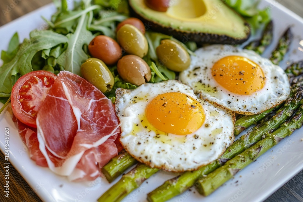 Delight in a vibrant breakfast plate showcasing two perfectly fried eggs with runny yolks, nestled beside asparagus, prosciutto, and fresh avocado Delight in a vibrant breakfast plate showcasing two perfectly fried eggs with runny yolks, nestled beside asparagus, prosciutto, and fresh avocado