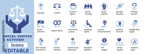 Social Justice and Activism vector icons equality, human rights, advocacy, activism, empowerment, and community impact
