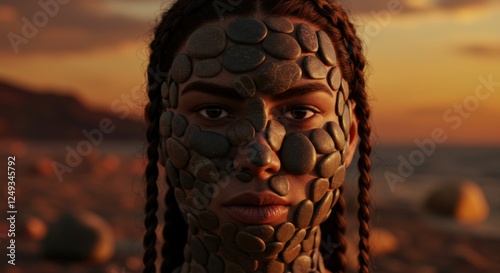 Woman's face covered obstructed and surrounded by Smooth Stone and Rocks, expressive stony environment concept