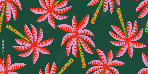 Tropical pattern with hand drawn palm trees. Hawaiian summer background for fabric, textiles, clothing, poster, cover, decoration, banner, wallpaper, interior decor. Vector illustration. photo