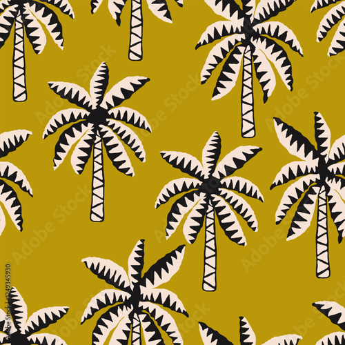Tropical pattern with hand drawn palm trees. Hawaiian summer background for fabric, textiles, clothing, poster, cover, decoration, banner, wallpaper, interior decor. Vector illustration.