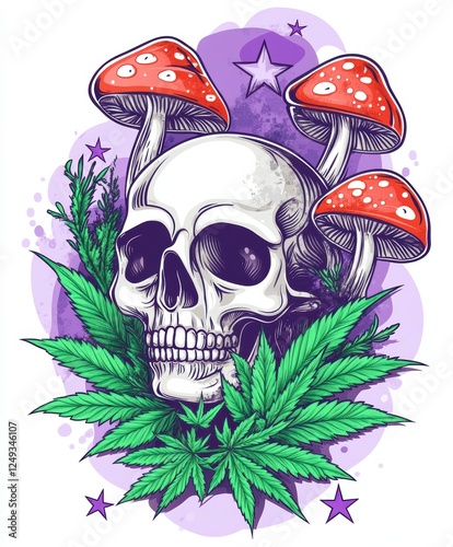 A vector design for a t-shirt featuring a skull with mushrooms, green cannabis leaves around the bottom, and purple stars in the background.