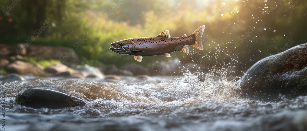 Fototapeta premium Salmon leaping upstream in dynamic motion against flowing river