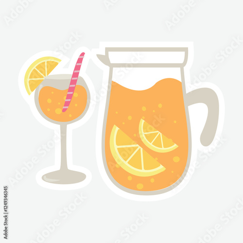 Refreshing Lemonade Set Sticker - Vector Design. Delightful vector sticker featuring a pitcher and glass of lemonade with lemon slices. Perfect for summer themes, party invitations, and digital decor