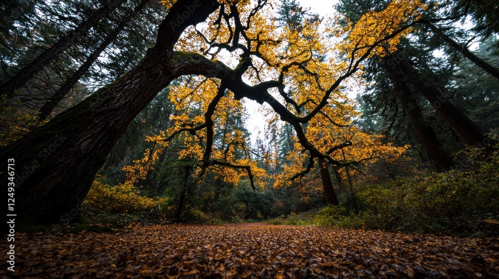 Fototapeta premium A serene forest path lined with vibrant autumn leaves under a canopy of golden trees