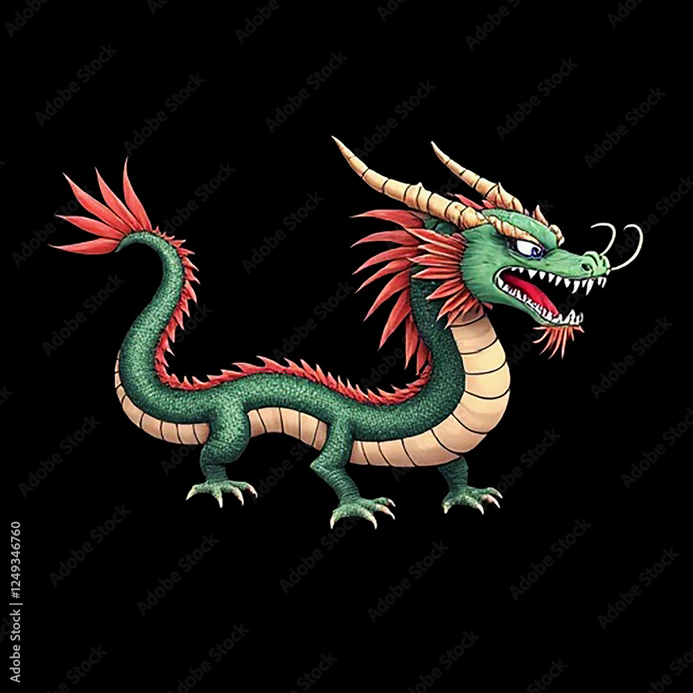 Obraz premium Cute angry Japanese dragon colorful kid art for printing and decoration and other crate. objects, icon, concept, concept strong, powerful, long, tail, long tail, 4feet, snake, black, black background.