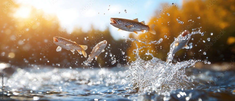 Fototapeta premium School of fish leaping from river in autumn sunlight