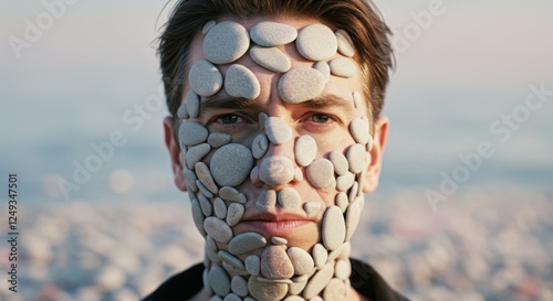Man's face covered obstructed and surrounded by Smooth Stone and Rocks, expressive stony environment concept