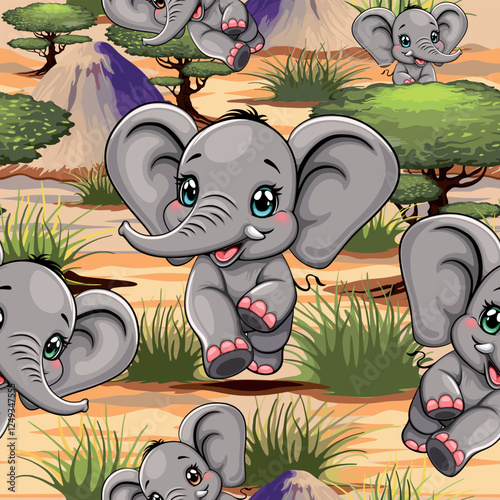 Elephant Cute and Happy Baby Cartoon Character runing and jumping on African Savannah Landscape Vector Seamless Repeat Textile Pattern