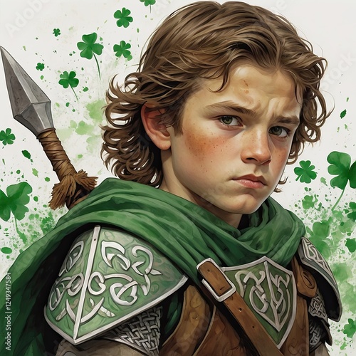 Boy dressed in armor with green cape and spear, surrounded by shamrocks on St. Patrick's Day celebration evoking Irish folklore and spirit