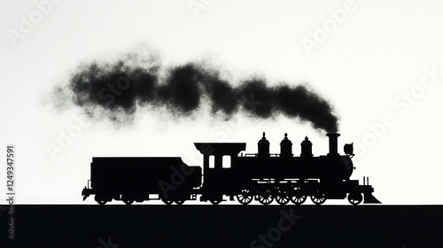 A classic steam locomotive with smoke billowing from its chimney, silhouette against a white background photo