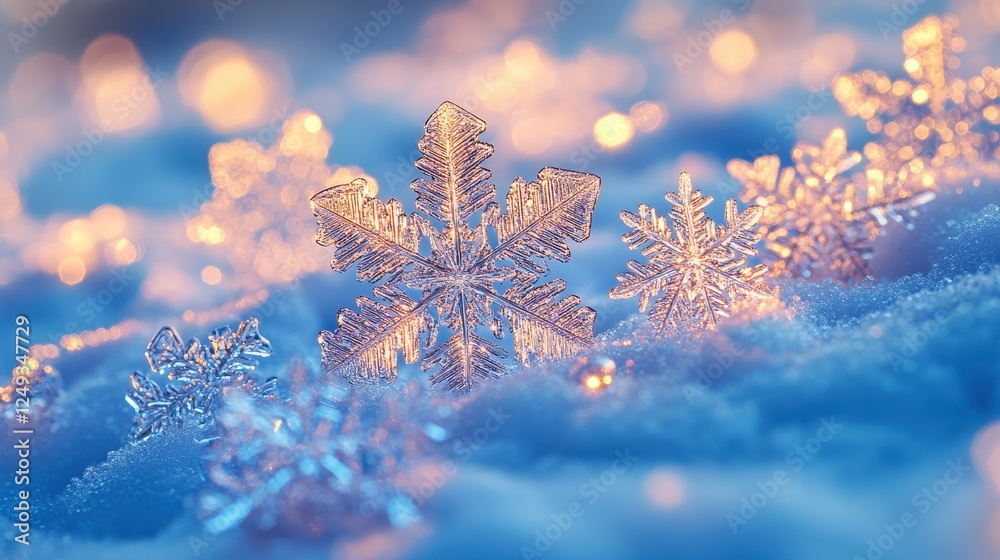 Sparkling snowflakes in snow, warm lights, winter holiday card Sparkling snowflakes in snow, warm lights, winter holiday card
