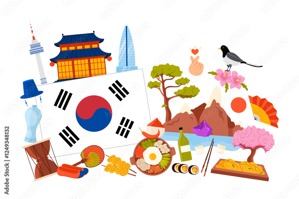 Fototapeta premium South Korea culture elements, tourist attractions and food in infographic poster collage. Liancourt Rocks landscape and Gyeongbokgung palace, bibimbap, finger heart cartoon vector illustration