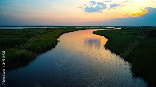 Serene sunset over a winding river, surrounded by lush greenery and vibrant sky colors photo