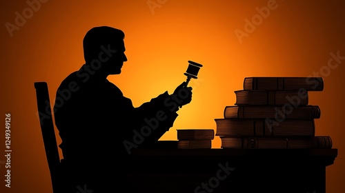 A judge holding a gavel in silhouette, seated at a high desk with law books stacked beside them photo