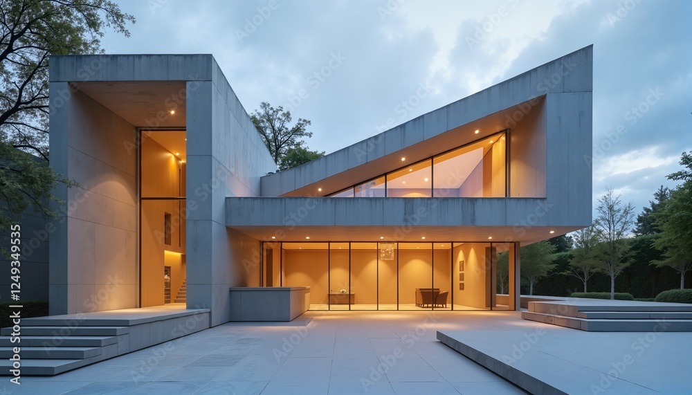 Modern architectural building with warm lighting, dusk exterior, architectural design inspiration Modern architectural building with warm lighting, dusk exterior, architectural design inspiration