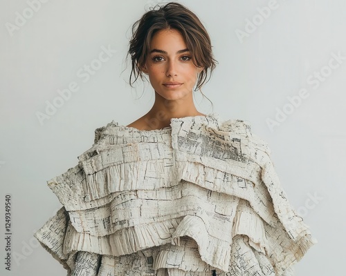 Upcycled luxury fashion collection featuring reimagined textiles and sustainable designs photo