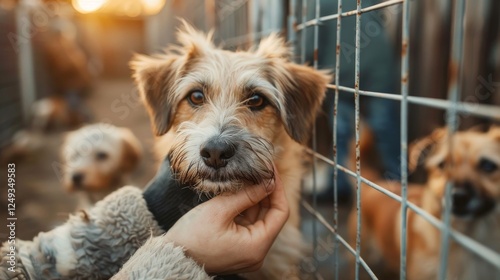 A scruffy brown and white dog is gently held by a person at an animal shelter. Soft evening light. Adoption and rescue
