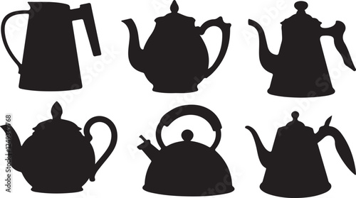 Set of black silhouette teapots and kettles bundle