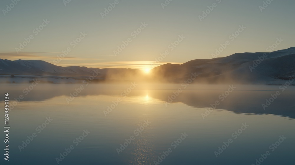 A serene sunrise reflecting on a tranquil lake surrounded by misty mountains. A serene sunrise reflecting on a tranquil lake surrounded by misty mountains.